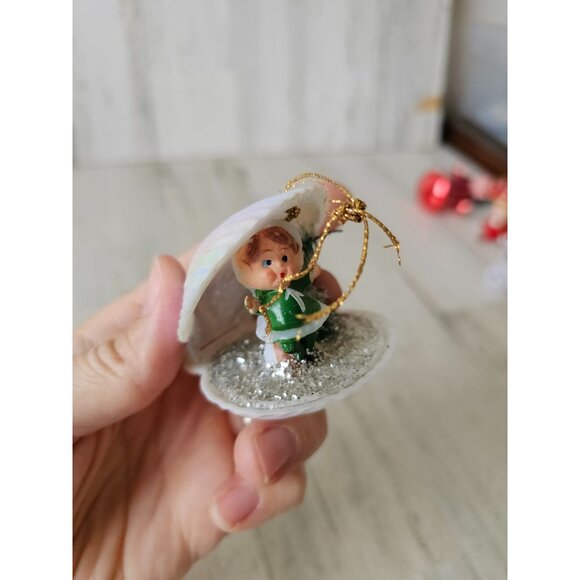 Antique elf clam shell ornament diorama pixie tree sparkle Xmas vintage tree - Picture 7 of 10